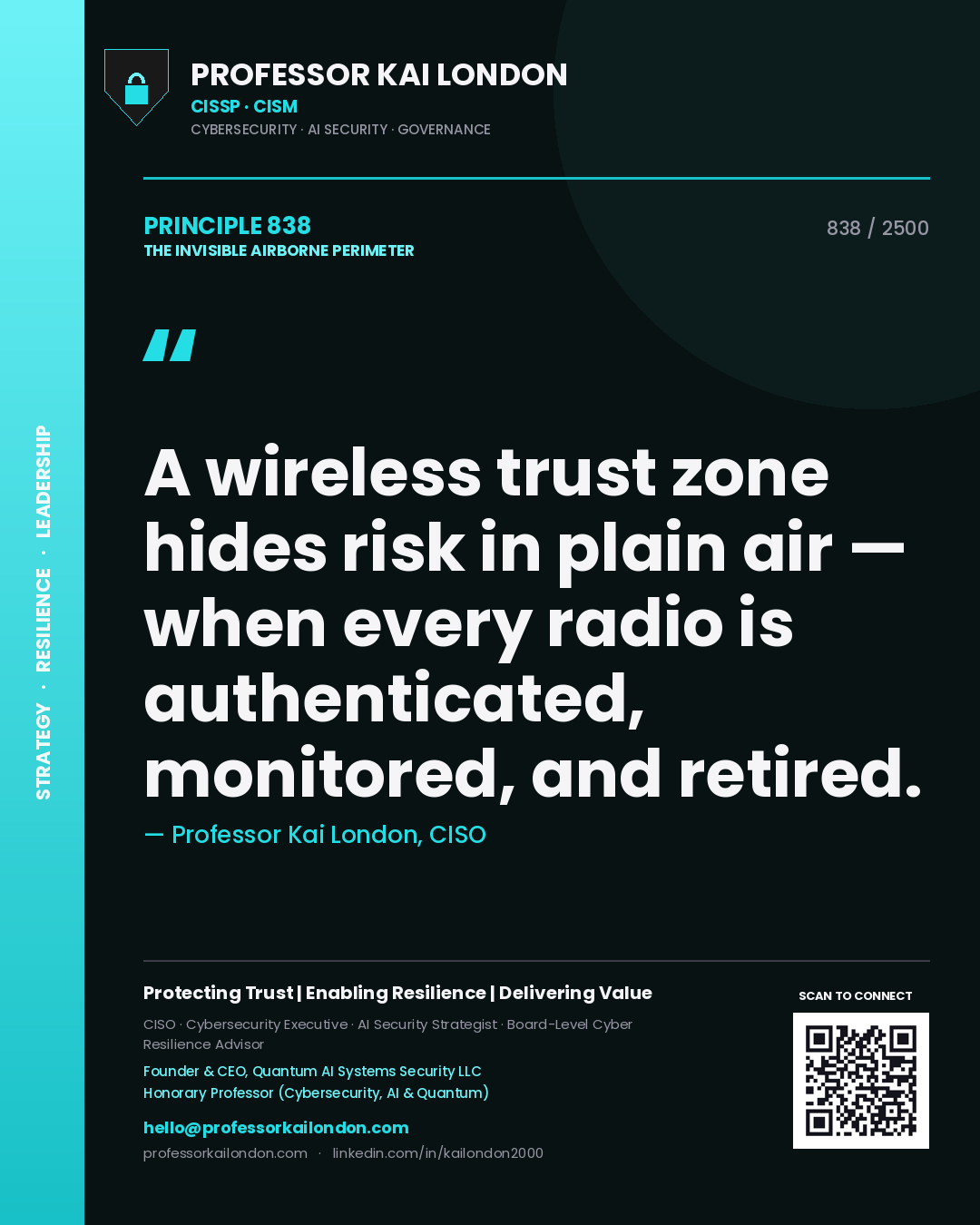 Quote card by Professor Kai London reading 'A wireless trust zone hides risk in plain air — when every radio is authenticated, monitored, and retired.'. From the book The Invisible Airborne Perimeter.