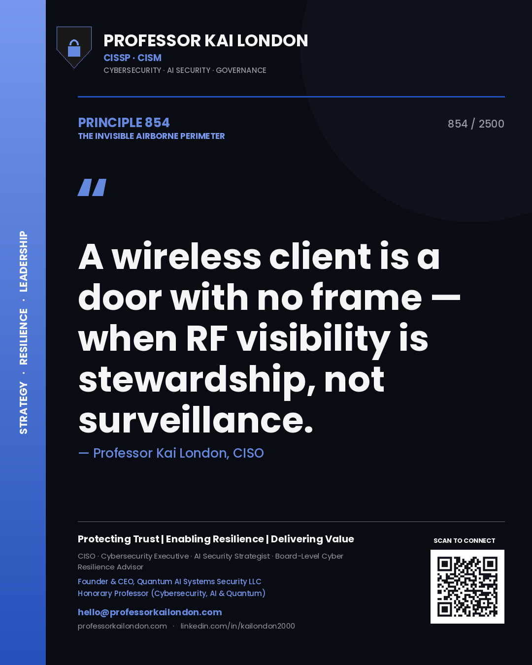 Quote card by Professor Kai London reading 'A wireless client is a door with no frame — when RF visibility is stewardship, not surveillance.'. From the book The Invisible Airborne Perimeter.