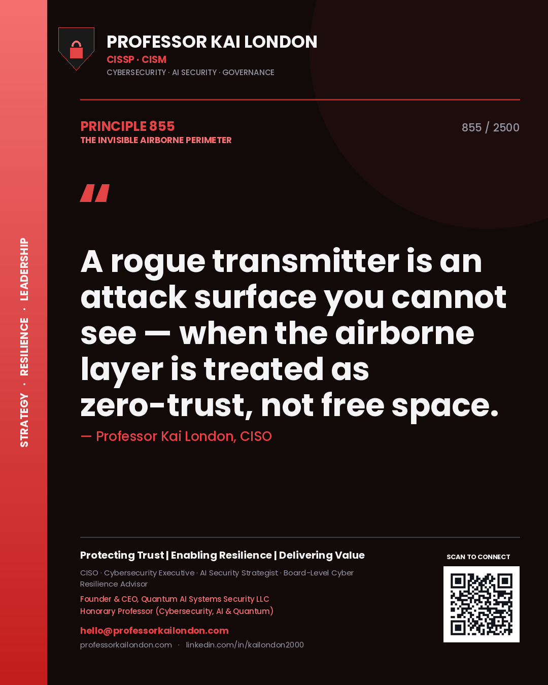 Quote card by Professor Kai London reading 'A rogue transmitter is an attack surface you cannot see — when the airborne layer is treated as zero-trust, not free space.'. From the book The Invisible Airborne Perimeter.