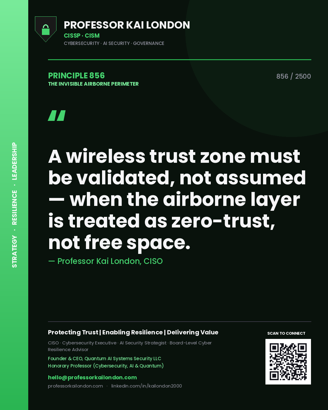 Professor Kai London principle 856: A wireless trust zone must be validated, not assumed — when the airborne layer is treated as zero-trust, not free space.