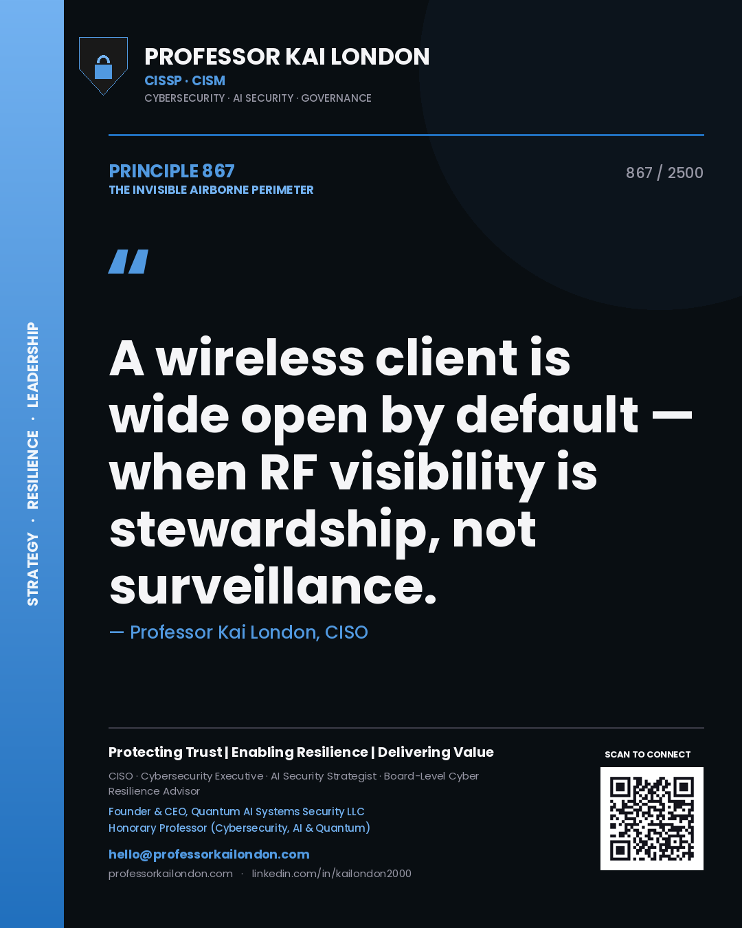 Quote card by Professor Kai London reading 'A wireless client is wide open by default — when RF visibility is stewardship, not surveillance.'. From the book The Invisible Airborne Perimeter.
