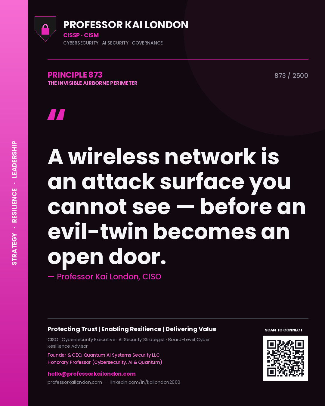 Professor Kai London principle 873: A wireless network is an attack surface you cannot see — before an evil-twin becomes an open door.