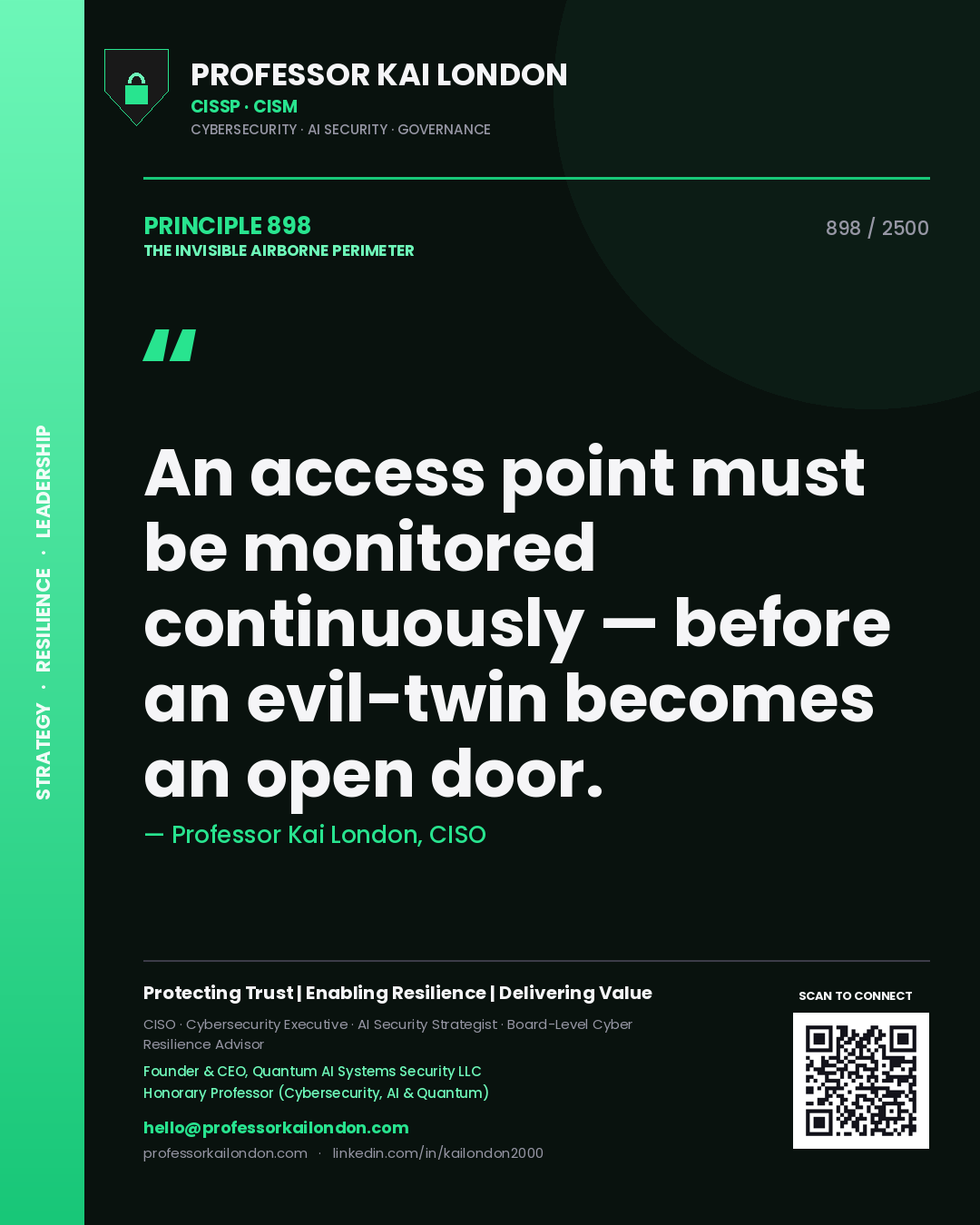 Professor Kai London principle 898: An access point must be monitored continuously — before an evil-twin becomes an open door.