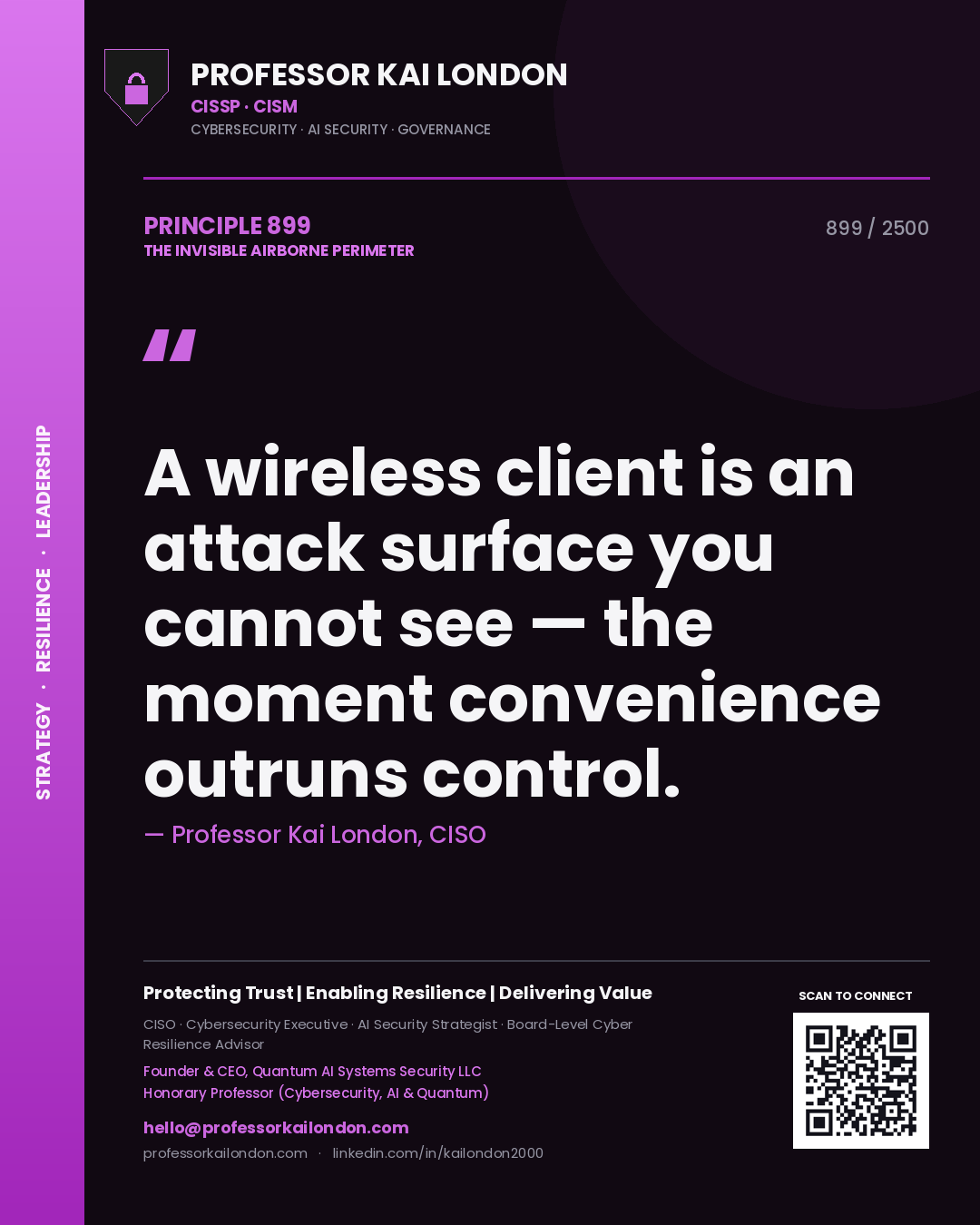 Quote card by Professor Kai London reading 'A wireless client is an attack surface you cannot see — the moment convenience outruns control.'. From the book The Invisible Airborne Perimeter.