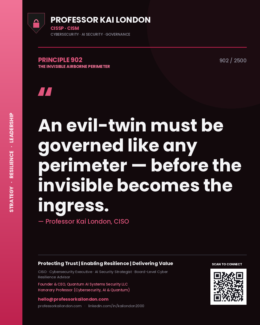 Quote card by Professor Kai London reading 'An evil-twin must be governed like any perimeter — before the invisible becomes the ingress.'. From the book The Invisible Airborne Perimeter.
