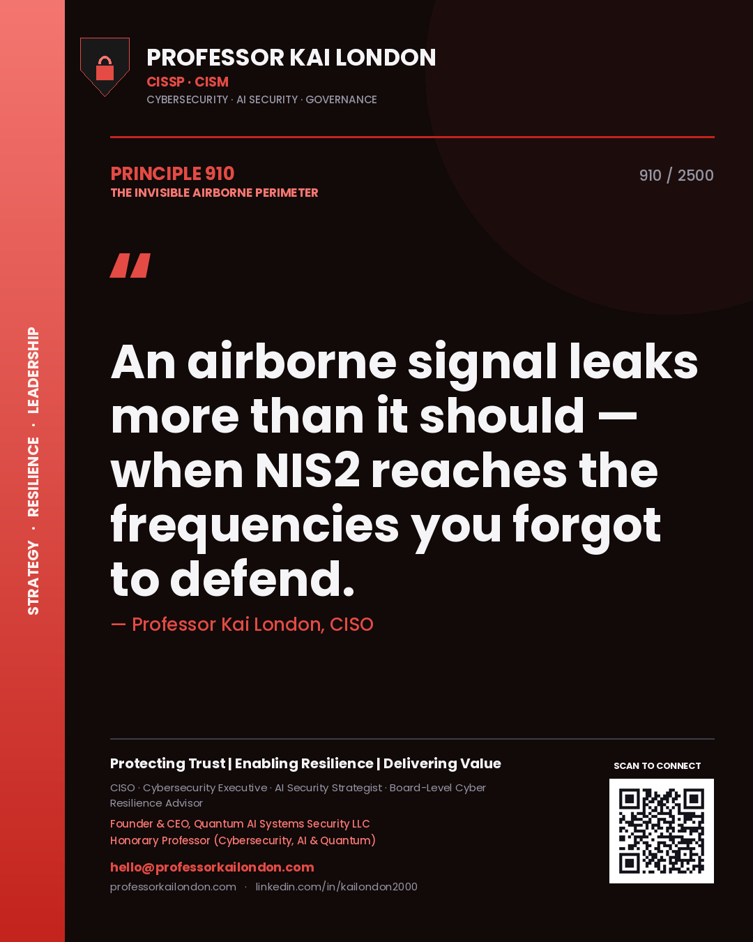 Quote card by Professor Kai London reading 'An airborne signal leaks more than it should — when NIS2 reaches the frequencies you forgot to defend.'. From the book The Invisible Airborne Perimeter.