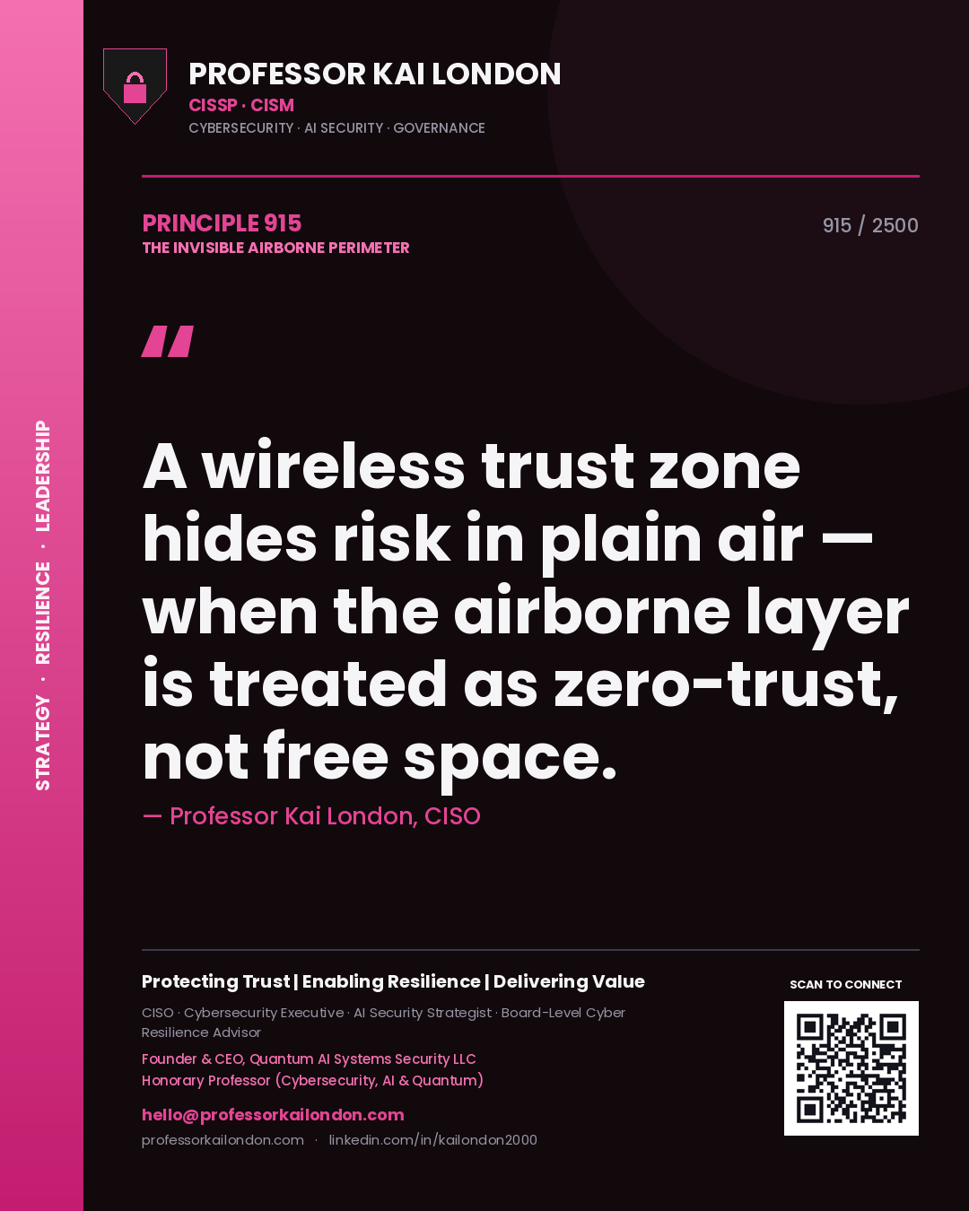 Quote card by Professor Kai London reading 'A wireless trust zone hides risk in plain air — when the airborne layer is treated as zero-trust, not free space.'. From the book The Invisible Airborne Perimeter.