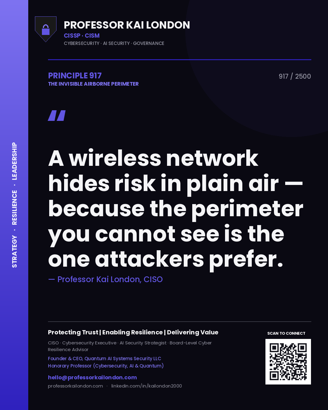 Quote card by Professor Kai London reading 'A wireless network hides risk in plain air — because the perimeter you cannot see is the one attackers prefer.'. From the book The Invisible Airborne Perimeter.