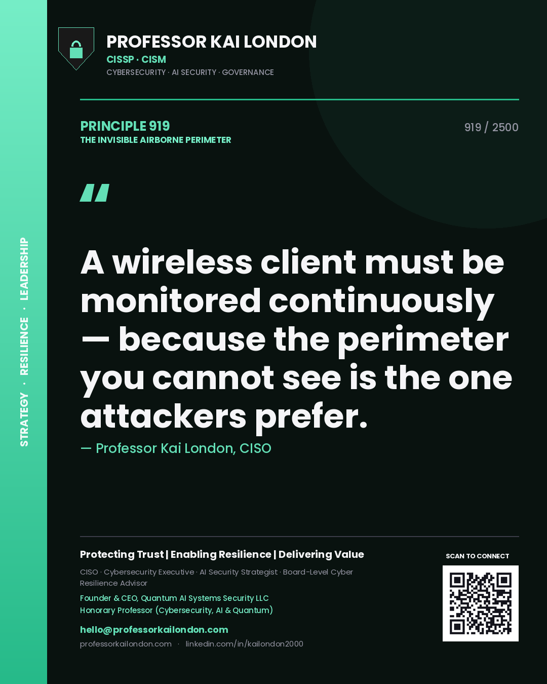 Quote card by Professor Kai London reading 'A wireless client must be monitored continuously — because the perimeter you cannot see is the one attackers prefer.'. From the book The Invisible Airborne Perimeter.