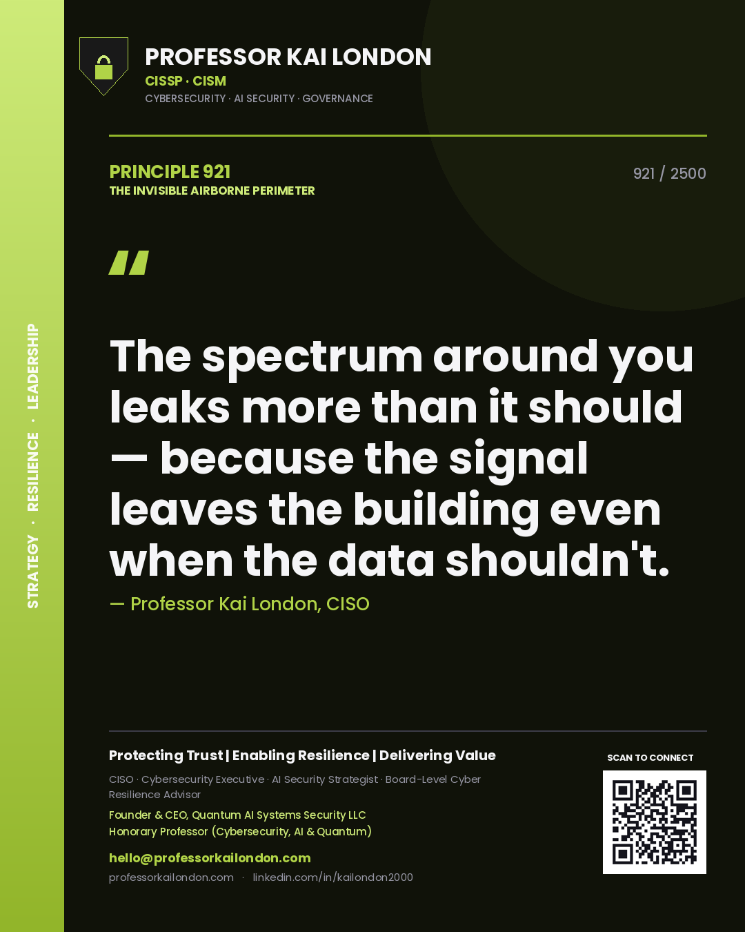 Quote card by Professor Kai London reading 'The spectrum around you leaks more than it should — because the signal leaves the building even when the data shouldn't.'. From the book The Invisible Airborne Perimeter.