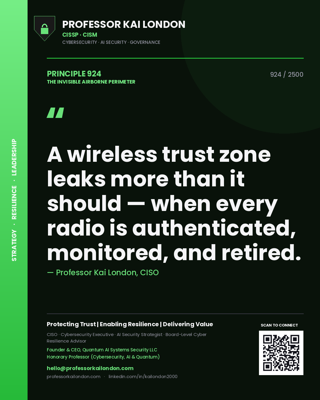Quote card by Professor Kai London reading 'A wireless trust zone leaks more than it should — when every radio is authenticated, monitored, and retired.'. From the book The Invisible Airborne Perimeter.