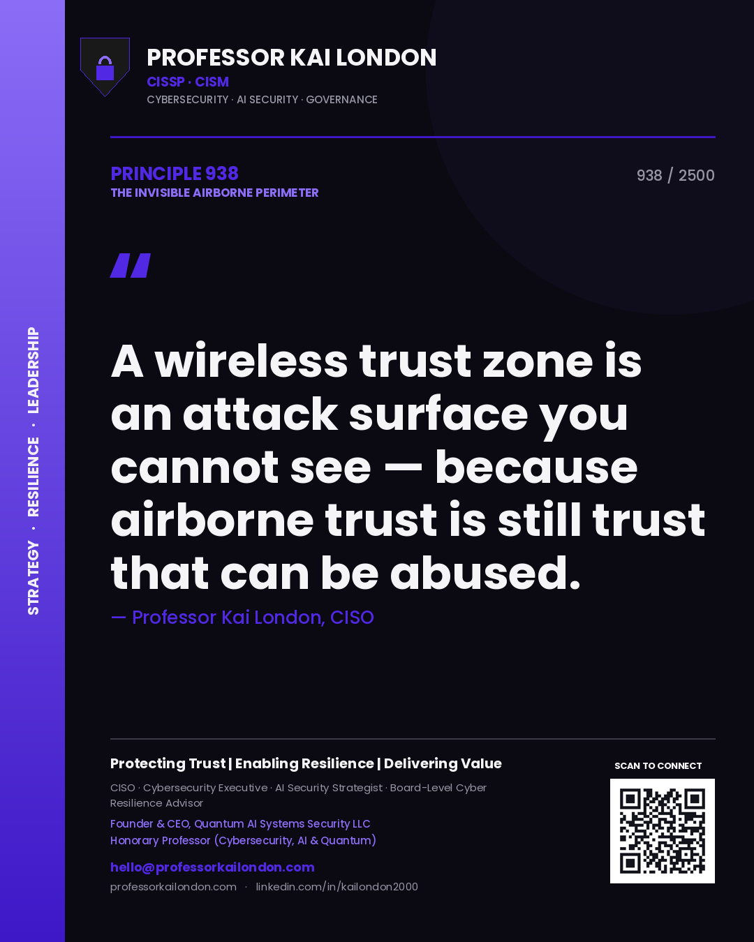 Quote card by Professor Kai London reading 'A wireless trust zone is an attack surface you cannot see — because airborne trust is still trust that can be abused.'. From the book The Invisible Airborne Perimeter.
