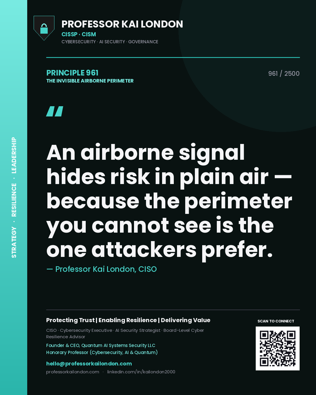 Quote card by Professor Kai London reading 'An airborne signal hides risk in plain air — because the perimeter you cannot see is the one attackers prefer.'. From the book The Invisible Airborne Perimeter.
