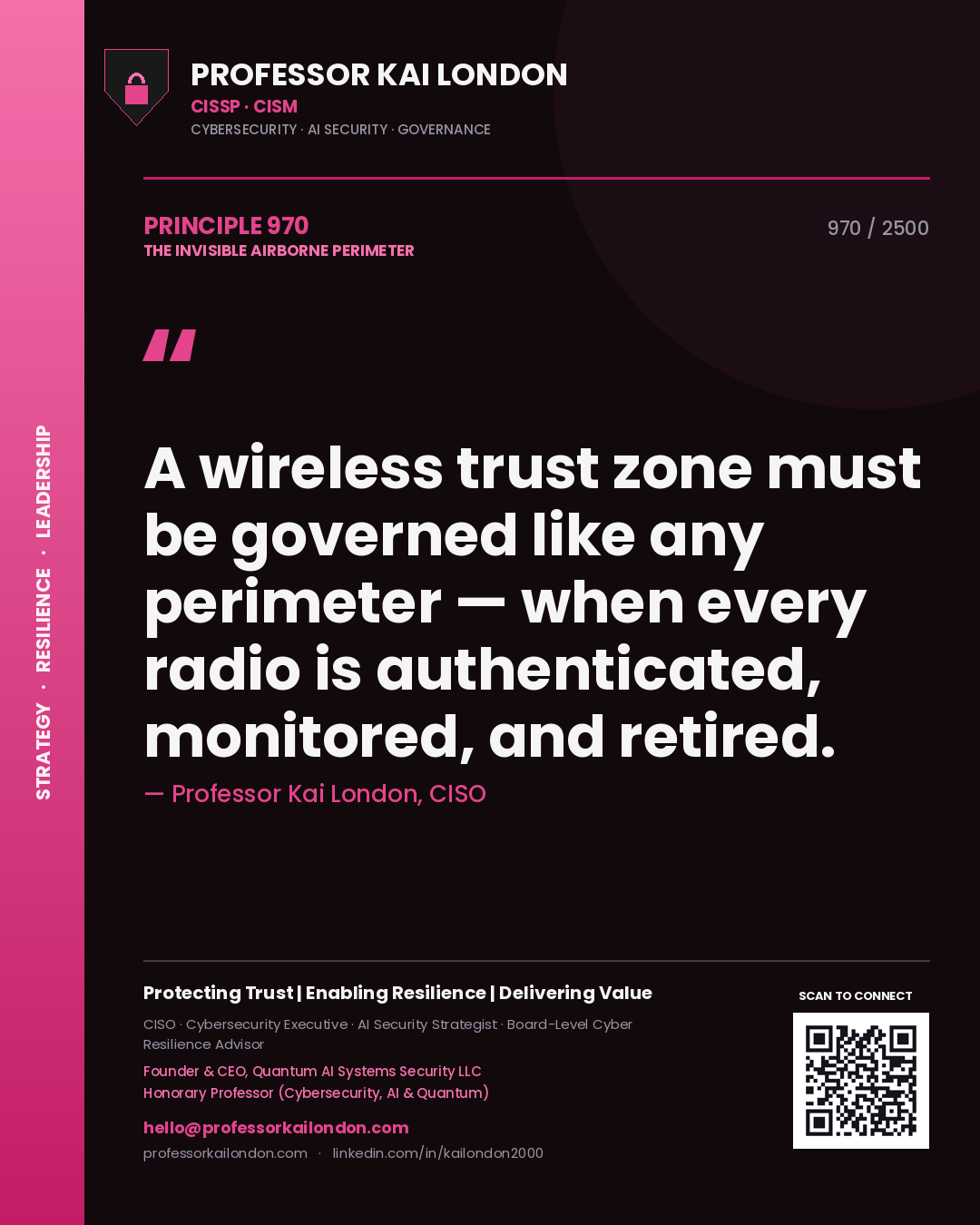 Quote card by Professor Kai London reading 'A wireless trust zone must be governed like any perimeter — when every radio is authenticated, monitored, and retired.'. From the book The Invisible Airborne Perimeter.