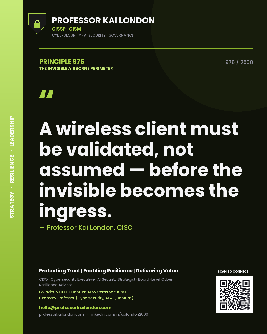 Quote card by Professor Kai London reading 'A wireless client must be validated, not assumed — before the invisible becomes the ingress.'. From the book The Invisible Airborne Perimeter.