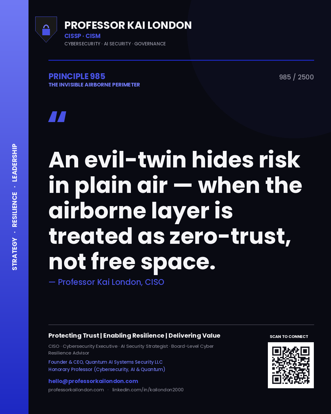 Quote card by Professor Kai London reading 'An evil-twin hides risk in plain air — when the airborne layer is treated as zero-trust, not free space.'. From the book The Invisible Airborne Perimeter.