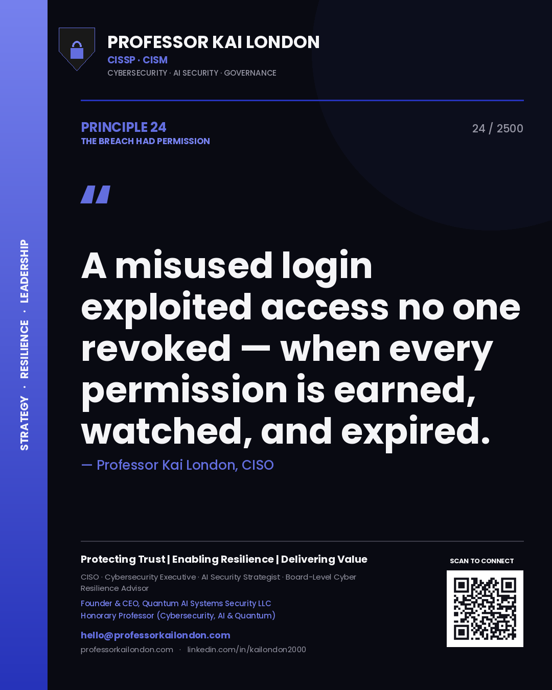Professor Kai London principle 24: A misused login exploited access no one revoked — when every permission is earned, watched, and expired.