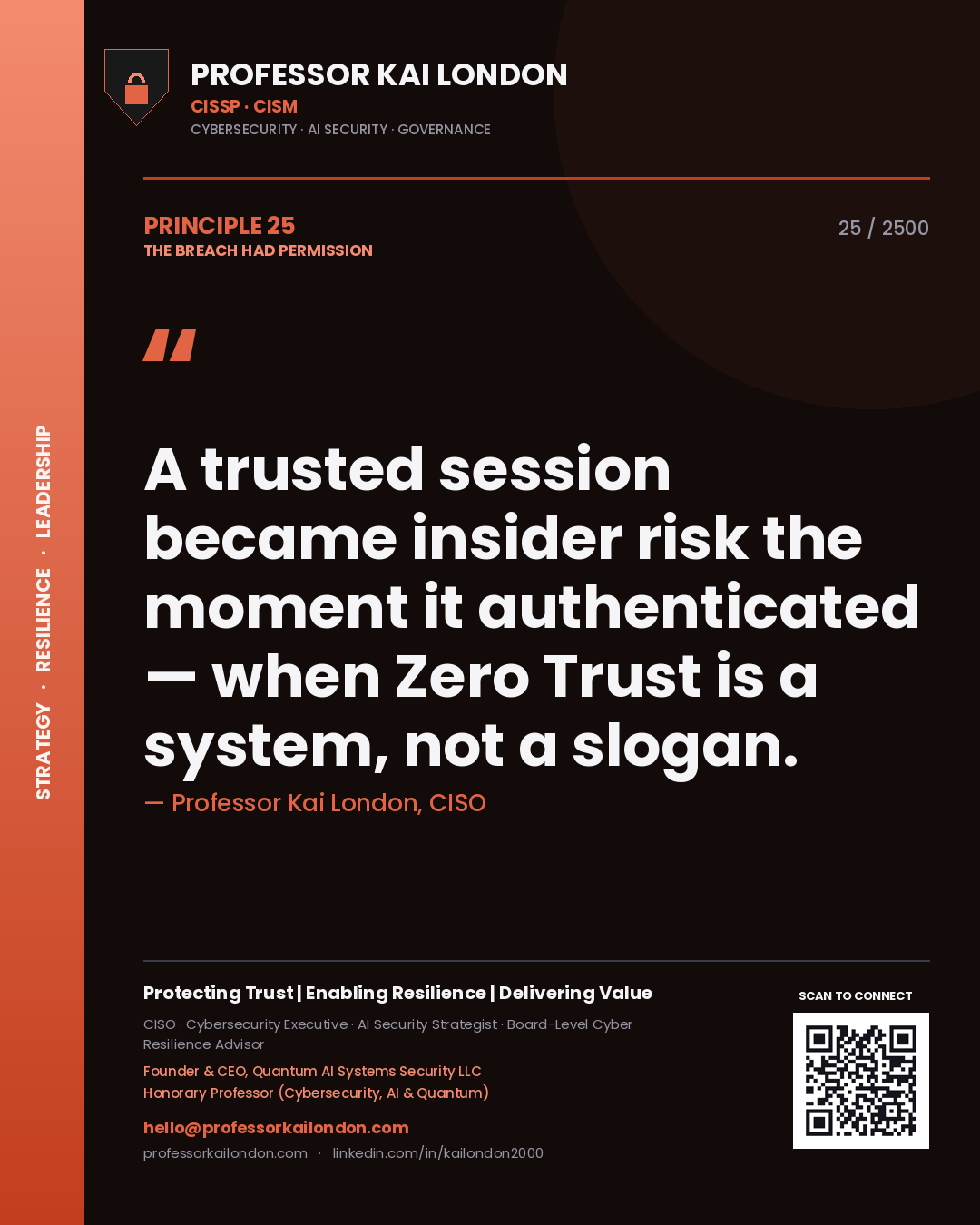 Professor Kai London principle 25: A trusted session became insider risk the moment it authenticated — when Zero Trust is a system, not a slogan.
