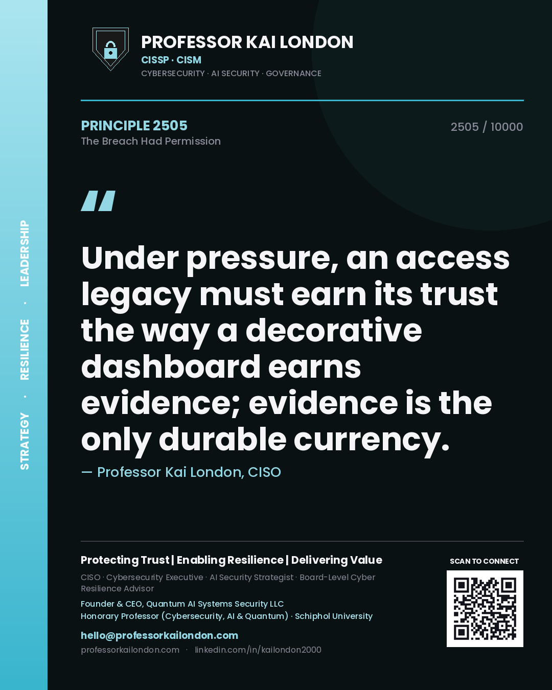 Quote card by Professor Kai London reading 'Under pressure, an access legacy must earn its trust the way a decorative dashboard earns evidence; evidence is the only durable currency.'. From the book The Breach Had Permission.