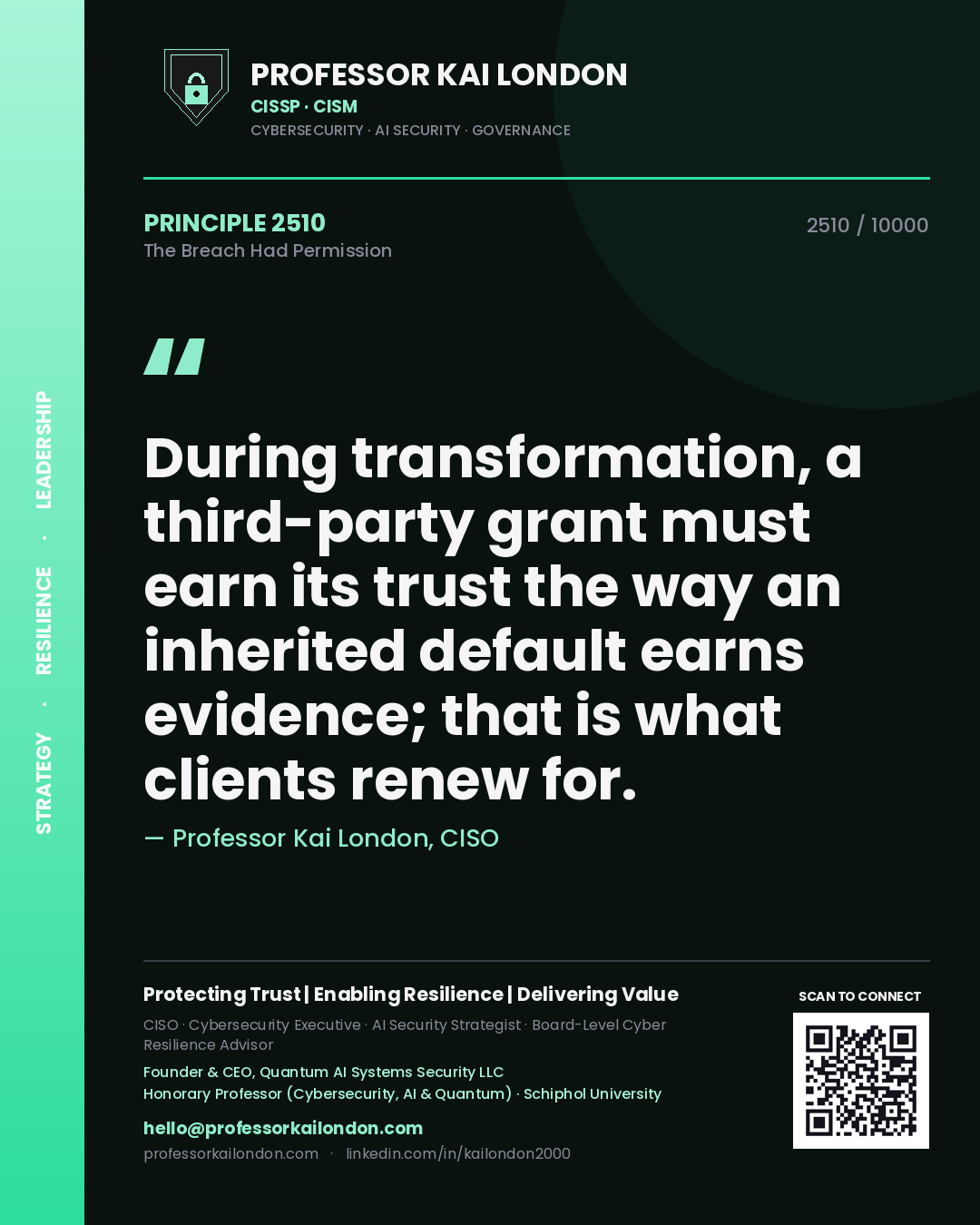 Quote card by Professor Kai London reading 'During transformation, a third-party grant must earn its trust the way an inherited default earns evidence; that is what clients renew for.'. From the book The Breach Had Permission.