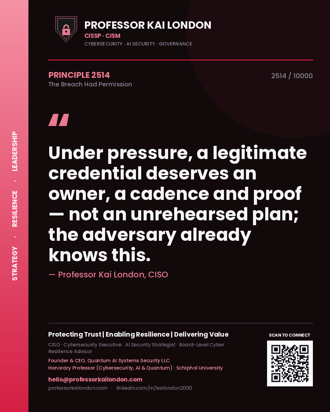 Quote card by Professor Kai London reading 'Under pressure, a legitimate credential deserves an owner, a cadence and proof — not an unrehearsed plan; the adversary already knows this.'. From the book The Breach Had Permission.