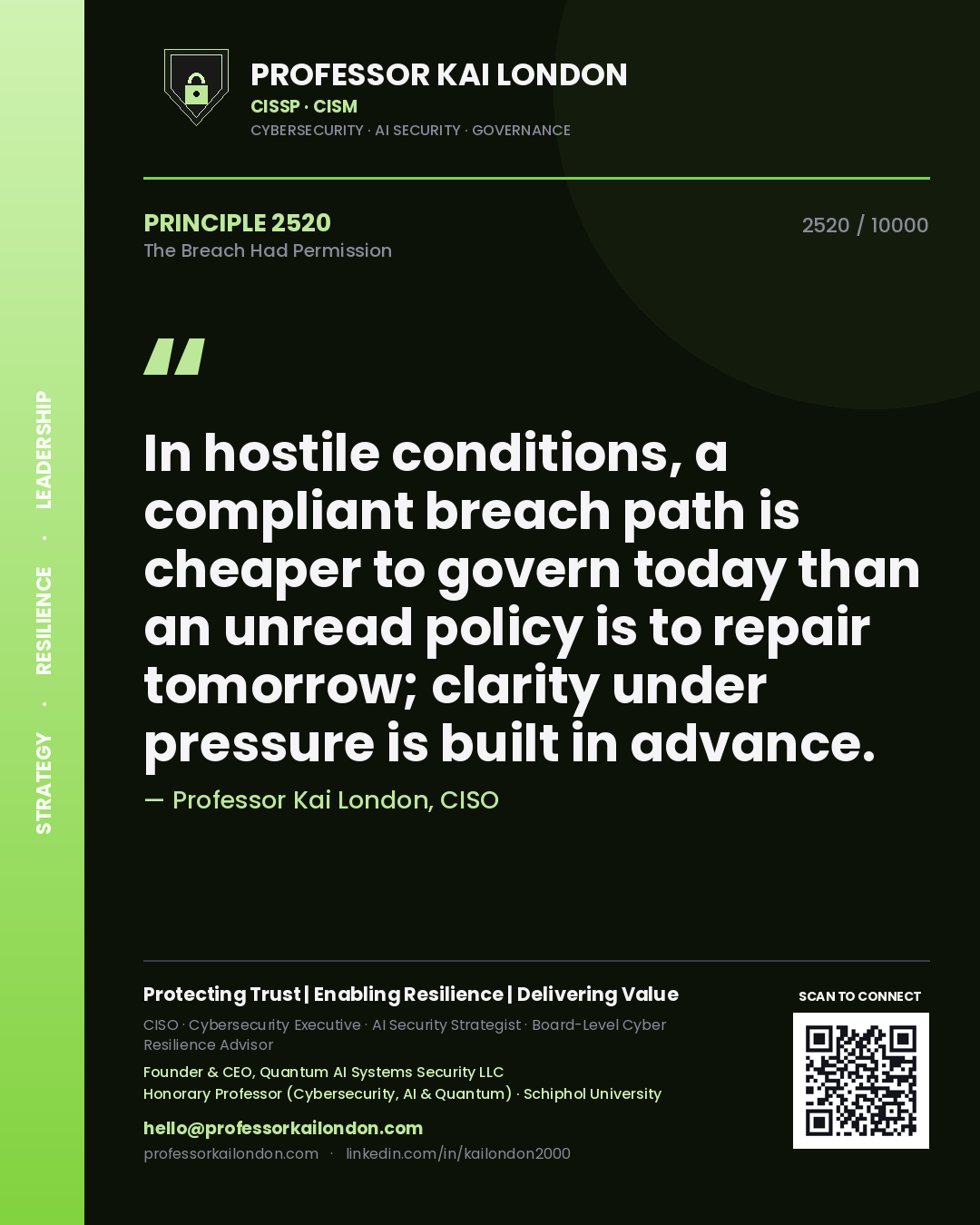 Quote card by Professor Kai London reading 'In hostile conditions, a compliant breach path is cheaper to govern today than an unread policy is to repair tomorrow; clarity under pressure is built in advance.'. From the book The Breach Had Permission.