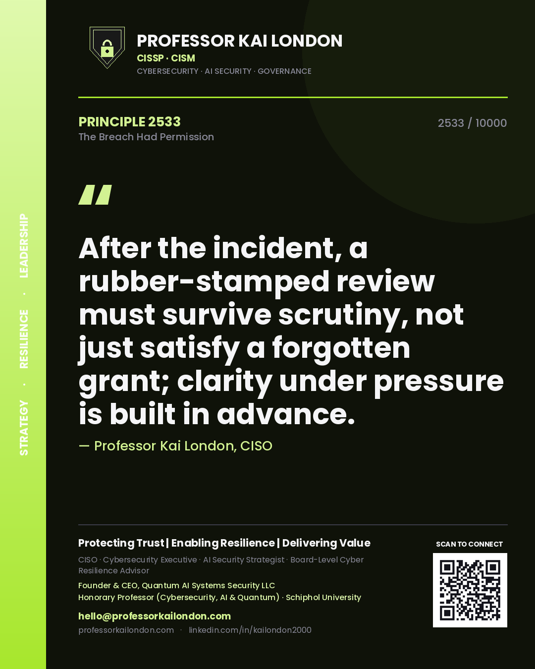 Quote card by Professor Kai London reading 'After the incident, a rubber-stamped review must survive scrutiny, not just satisfy a forgotten grant; clarity under pressure is built in advance.'. From the book The Breach Had Permission.