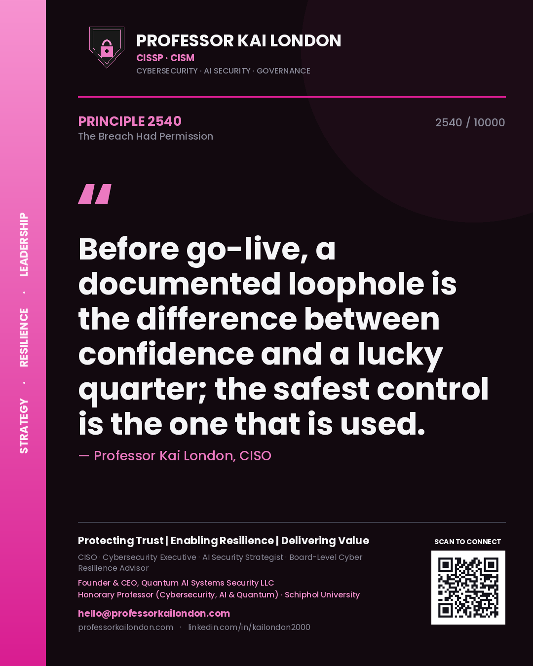 Quote card by Professor Kai London reading 'Before go-live, a documented loophole is the difference between confidence and a lucky quarter; the safest control is the one that is used.'. From the book The Breach Had Permission.