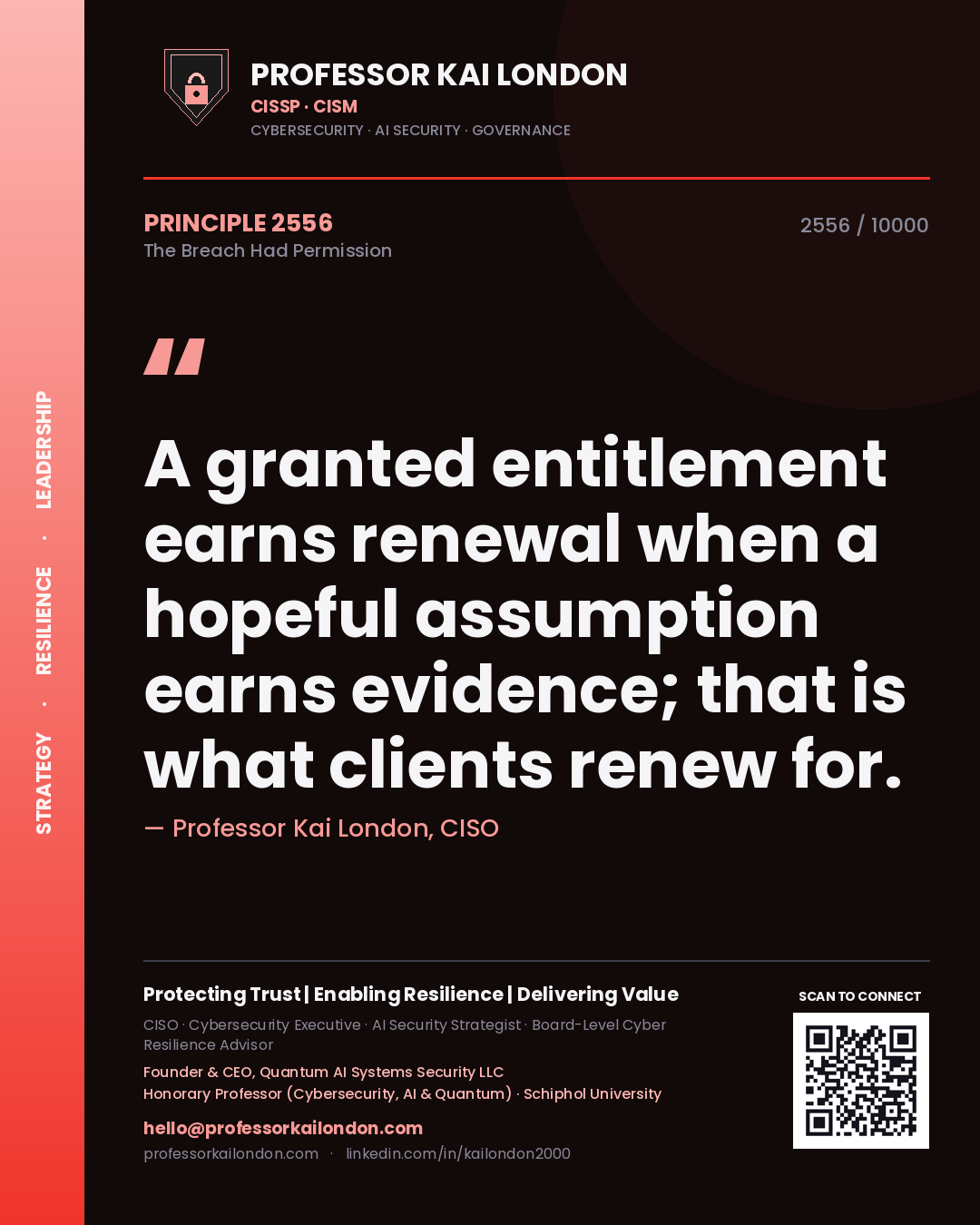 Quote card by Professor Kai London reading 'A granted entitlement earns renewal when a hopeful assumption earns evidence; that is what clients renew for.'. From the book The Breach Had Permission.