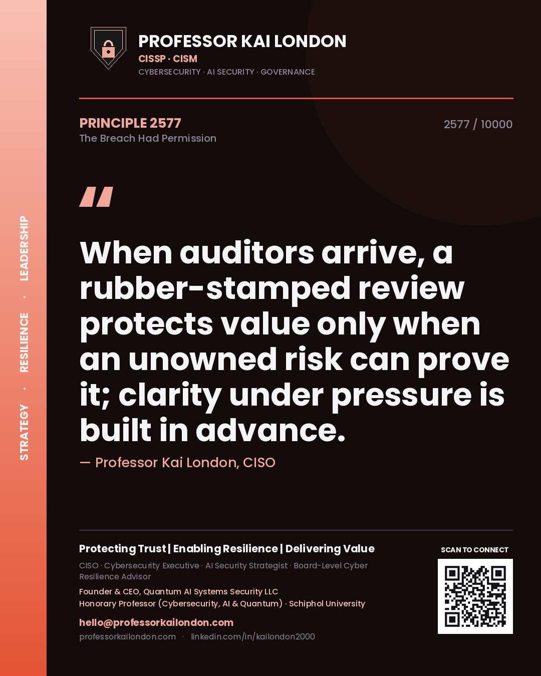 Quote card by Professor Kai London reading 'When auditors arrive, a rubber-stamped review protects value only when an unowned risk can prove it; clarity under pressure is built in advance.'. From the book The Breach Had Permission.