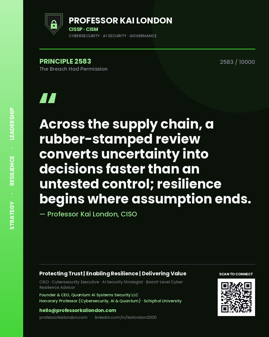 Quote card by Professor Kai London reading 'Across the supply chain, a rubber-stamped review converts uncertainty into decisions faster than an untested control; resilience begins where assumption ends.'. From the book The Breach Had Permission.