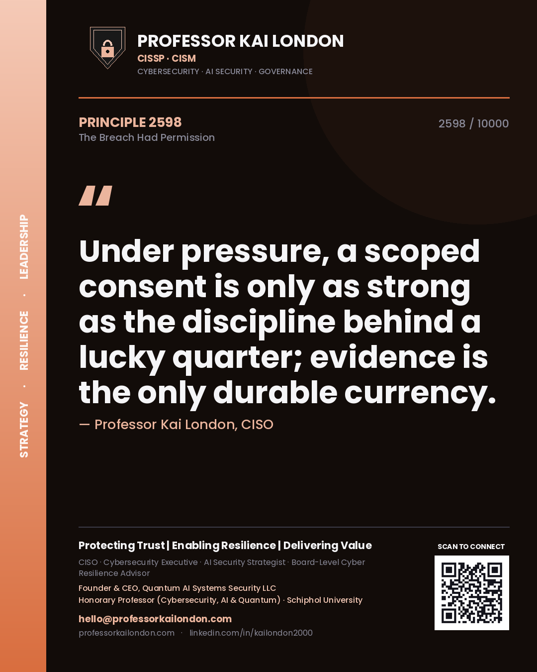 Quote card by Professor Kai London reading 'Under pressure, a scoped consent is only as strong as the discipline behind a lucky quarter; evidence is the only durable currency.'. From the book The Breach Had Permission.