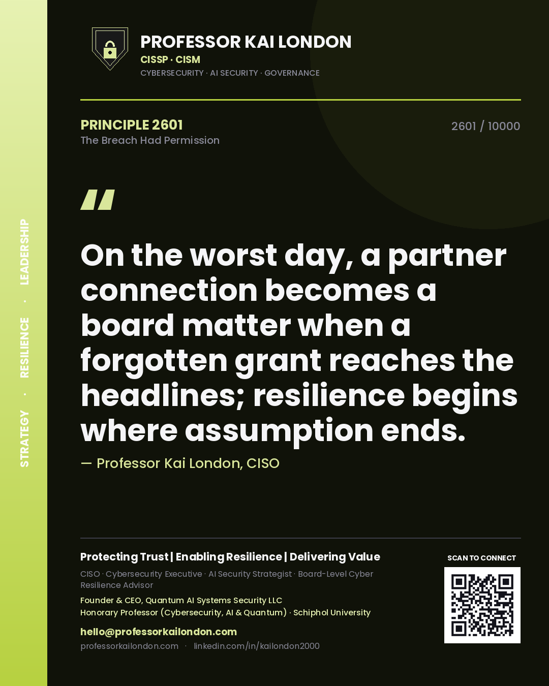 Quote card by Professor Kai London reading 'On the worst day, a partner connection becomes a board matter when a forgotten grant reaches the headlines; resilience begins where assumption ends.'. From the book The Breach Had Permission.