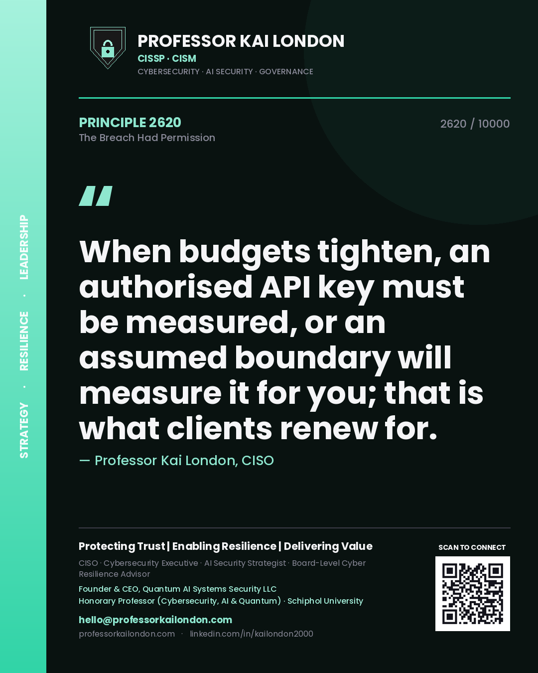 Quote card by Professor Kai London reading 'When budgets tighten, an authorised API key must be measured, or an assumed boundary will measure it for you; that is what clients renew for.'. From the book The Breach Had Permission.