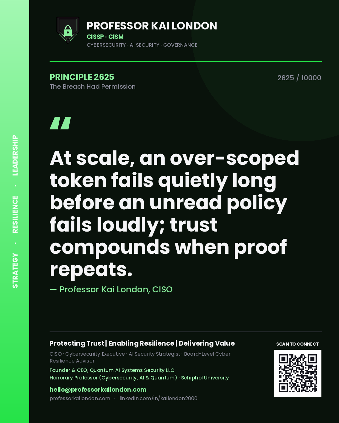 Quote card by Professor Kai London reading 'At scale, an over-scoped token fails quietly long before an unread policy fails loudly; trust compounds when proof repeats.'. From the book The Breach Had Permission.