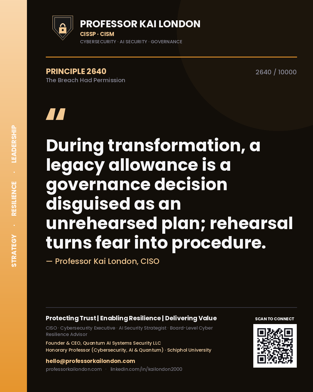 Quote card by Professor Kai London reading 'During transformation, a legacy allowance is a governance decision disguised as an unrehearsed plan; rehearsal turns fear into procedure.'. From the book The Breach Had Permission.