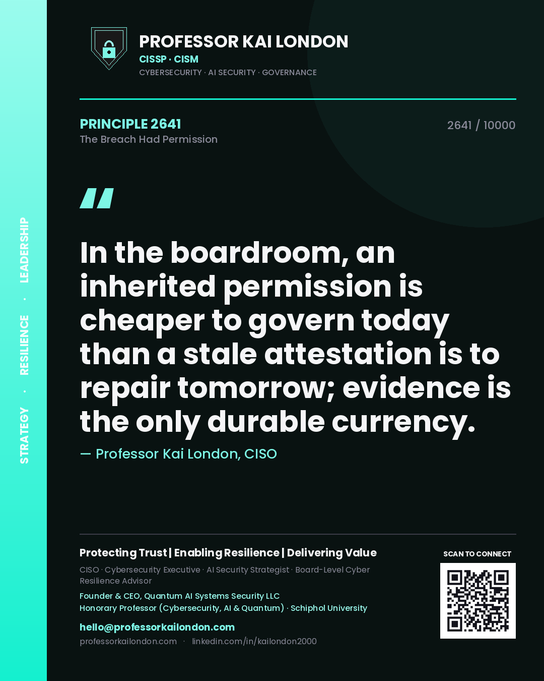 Quote card by Professor Kai London reading 'In the boardroom, an inherited permission is cheaper to govern today than a stale attestation is to repair tomorrow; evidence is the only durable currency.'. From the book The Breach Had Permission.