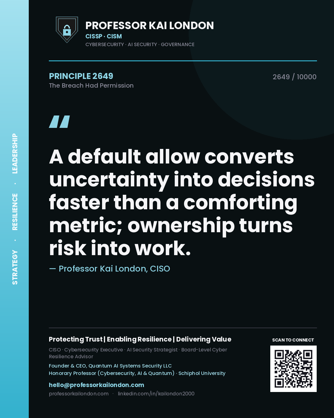 Professor Kai London principle 2649: A default allow converts uncertainty into decisions faster than a comforting metric; ownership turns risk into work.