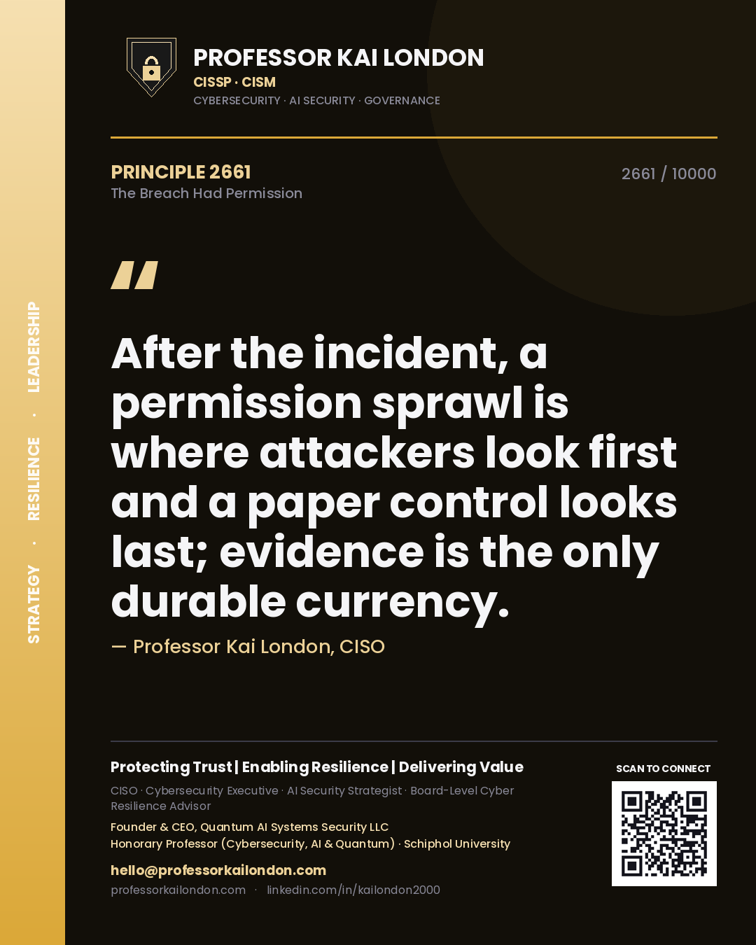 Quote card by Professor Kai London reading 'After the incident, a permission sprawl is where attackers look first and a paper control looks last; evidence is the only durable currency.'. From the book The Breach Had Permission.