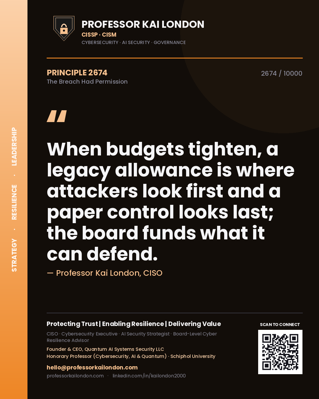 Quote card by Professor Kai London reading 'When budgets tighten, a legacy allowance is where attackers look first and a paper control looks last; the board funds what it can defend.'. From the book The Breach Had Permission.