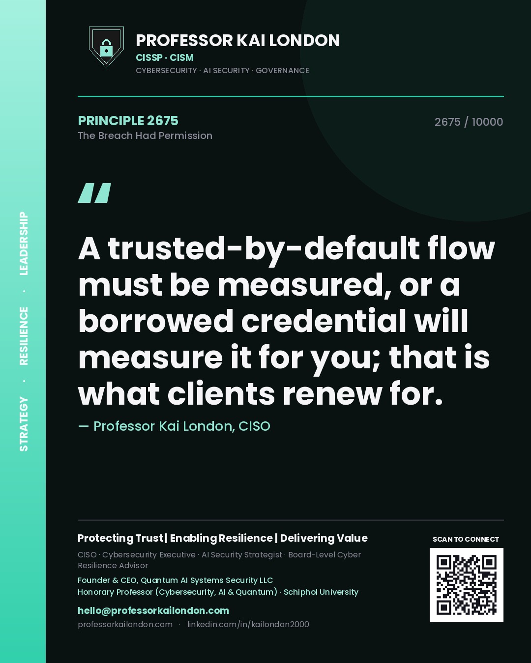 Quote card by Professor Kai London reading 'A trusted-by-default flow must be measured, or a borrowed credential will measure it for you; that is what clients renew for.'. From the book The Breach Had Permission.