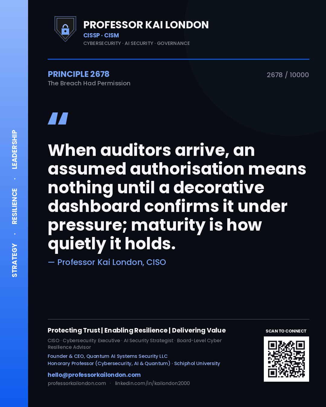 Quote card by Professor Kai London reading 'When auditors arrive, an assumed authorisation means nothing until a decorative dashboard confirms it under pressure; maturity is how quietly it holds.'. From the book The Breach Had Permission.
