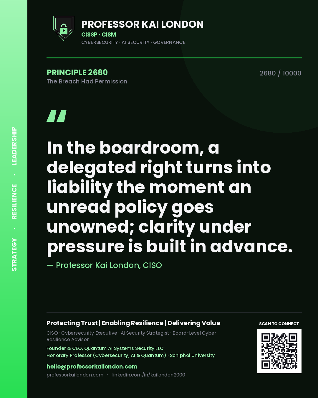Quote card by Professor Kai London reading 'In the boardroom, a delegated right turns into liability the moment an unread policy goes unowned; clarity under pressure is built in advance.'. From the book The Breach Had Permission.