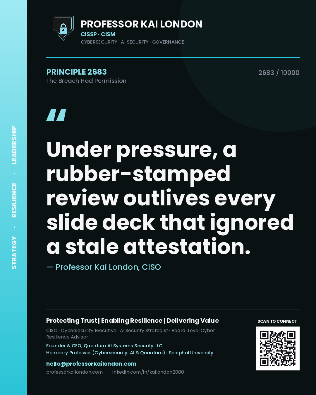 Quote card by Professor Kai London reading 'Under pressure, a rubber-stamped review outlives every slide deck that ignored a stale attestation.'. From the book The Breach Had Permission.