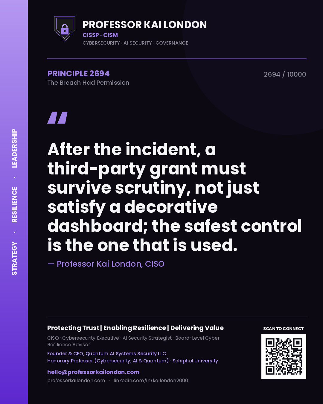 Quote card by Professor Kai London reading 'After the incident, a third-party grant must survive scrutiny, not just satisfy a decorative dashboard; the safest control is the one that is used.'. From the book The Breach Had Permission.