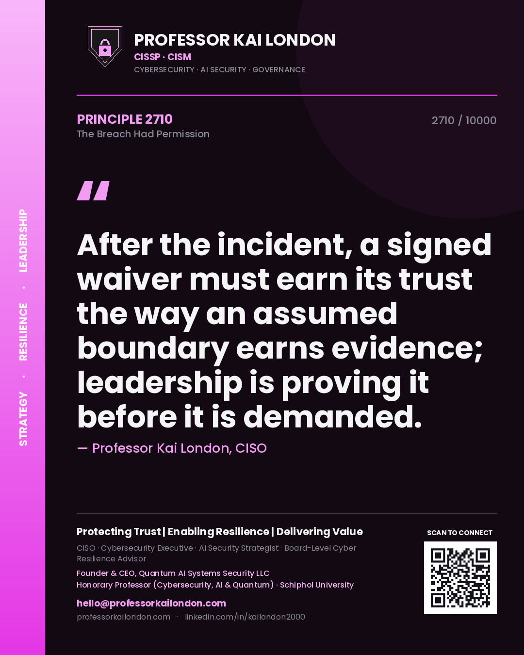 Quote card by Professor Kai London reading 'After the incident, a signed waiver must earn its trust the way an assumed boundary earns evidence; leadership is proving it before it is demanded.'. From the book The Breach Had Permission.