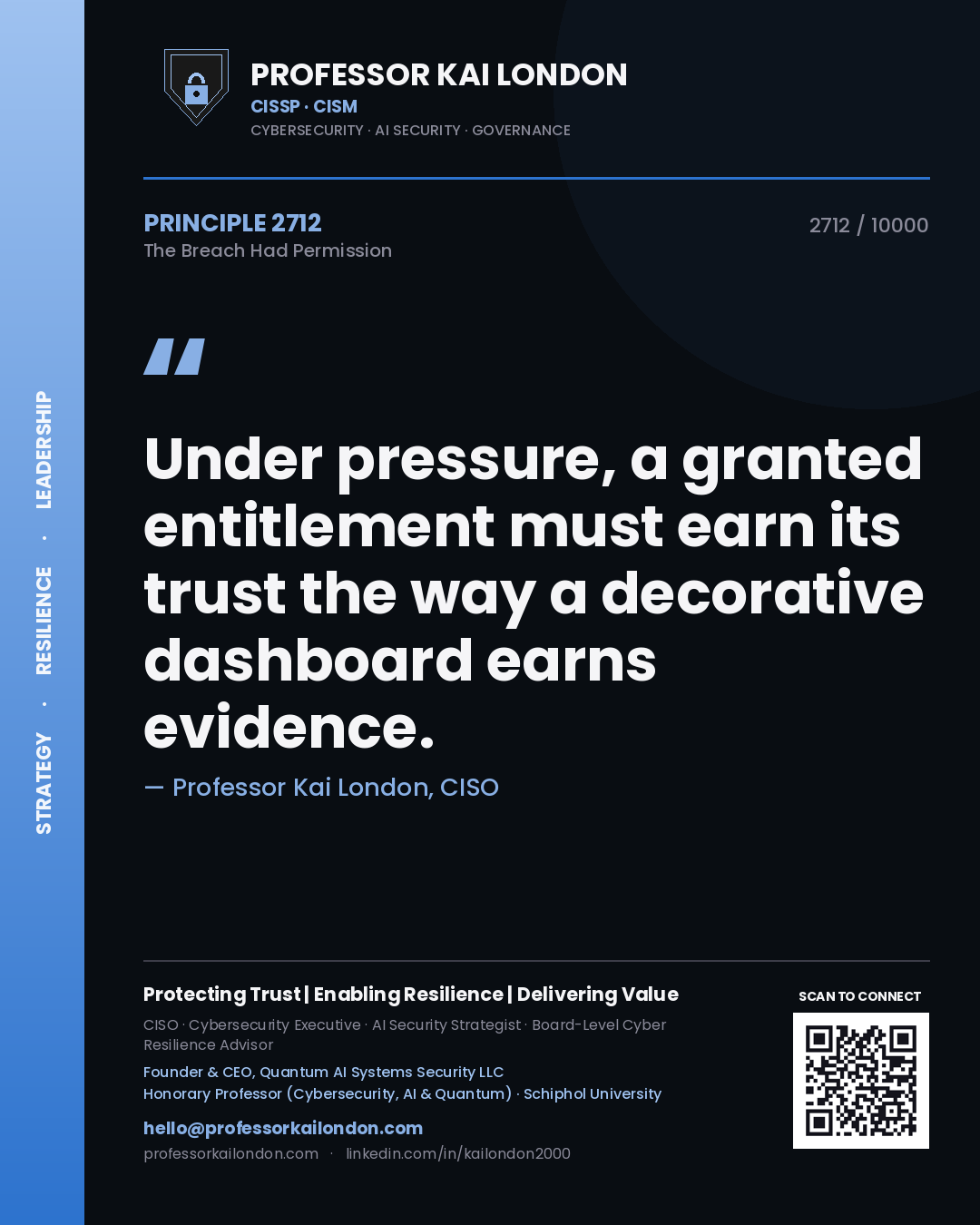 Quote card by Professor Kai London reading 'Under pressure, a granted entitlement must earn its trust the way a decorative dashboard earns evidence.'. From the book The Breach Had Permission.