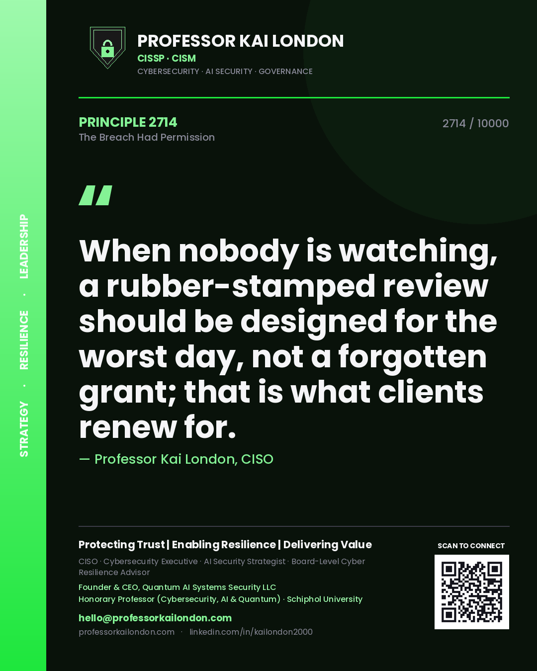 Quote card by Professor Kai London reading 'When nobody is watching, a rubber-stamped review should be designed for the worst day, not a forgotten grant; that is what clients renew for.'. From the book The Breach Had Permission.
