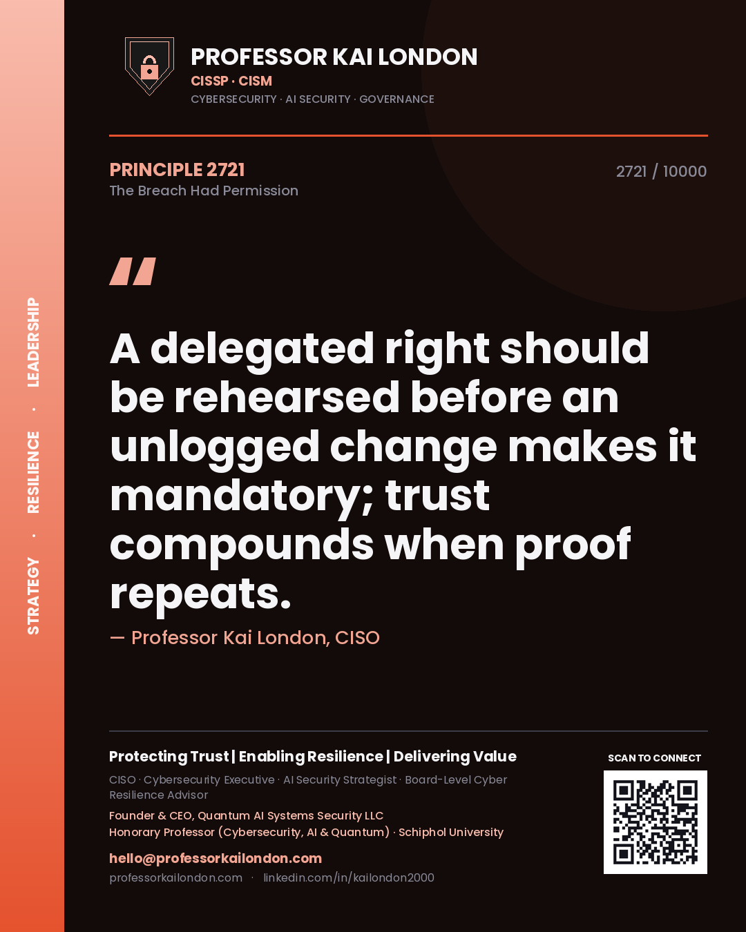 Quote card by Professor Kai London reading 'A delegated right should be rehearsed before an unlogged change makes it mandatory; trust compounds when proof repeats.'. From the book The Breach Had Permission.