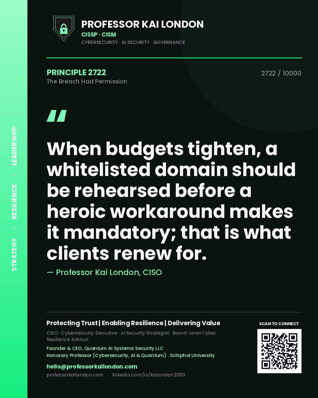 Quote card by Professor Kai London reading 'When budgets tighten, a whitelisted domain should be rehearsed before a heroic workaround makes it mandatory; that is what clients renew for.'. From the book The Breach Had Permission.